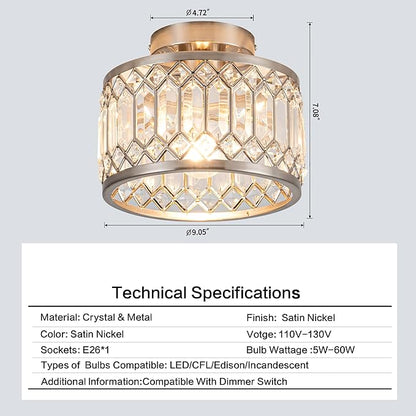 Crystal Ceiling Light Fixture, Modern Semi Flush Mount Ceiling Light,Crystal for Kitchen Bedroom Bathroom Entryway Nickel Finish (Bulb not Included)