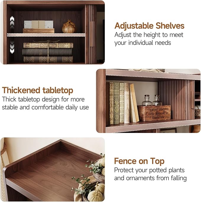 ONBRILL 44" Sideboard Buffet Cabinet with Outlet & 2 Open Storage Spaces, Fluted Sideboard Cabinet with Sliding Door & Adjustable Shelves, Mid-Century Accent Coffee Bar Console Table with Wooden Feet