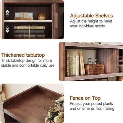 ONBRILL 44" Sideboard Buffet Cabinet with Outlet & 2 Open Storage Spaces, Fluted Sideboard Cabinet with Sliding Door & Adjustable Shelves, Mid-Century Accent Coffee Bar Console Table with Wooden Feet