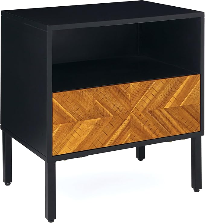 Bme Vivian Solid Wood Nightstand, End Table, Bedside Table with Herringbone Pattern for Rustic Bedroom, Easy Assembly, Rustic Golden Brown and Black