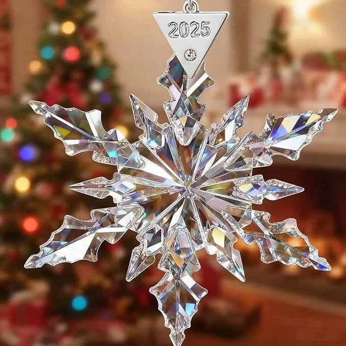 2025 Annual Christmas Ornaments Crystal Snowflake Star - Christmas Tree Ornaments Pendant Crystal Sun Catcher Home Hanging Decor (White 2025)