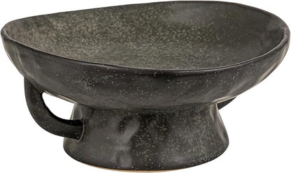 Creative Co-Op Stoneware Footed Pedestal/Bowl with Handles, Reactive Glaze Decorative Object, Black