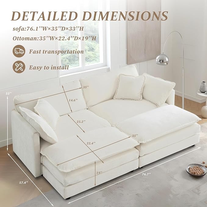 SoarFlash Chenille Sectional Sofa, Comfy Modular Coush Sofa with Ottoman, Modern 2 Seat Recliner Deep Seat Sofa Set for Living Room,White