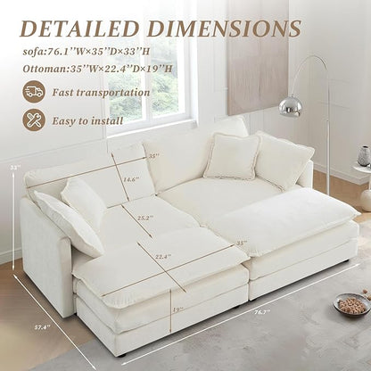 SoarFlash Chenille Sectional Sofa, Comfy Modular Coush Sofa with Ottoman, Modern 2 Seat Recliner Deep Seat Sofa Set for Living Room,White