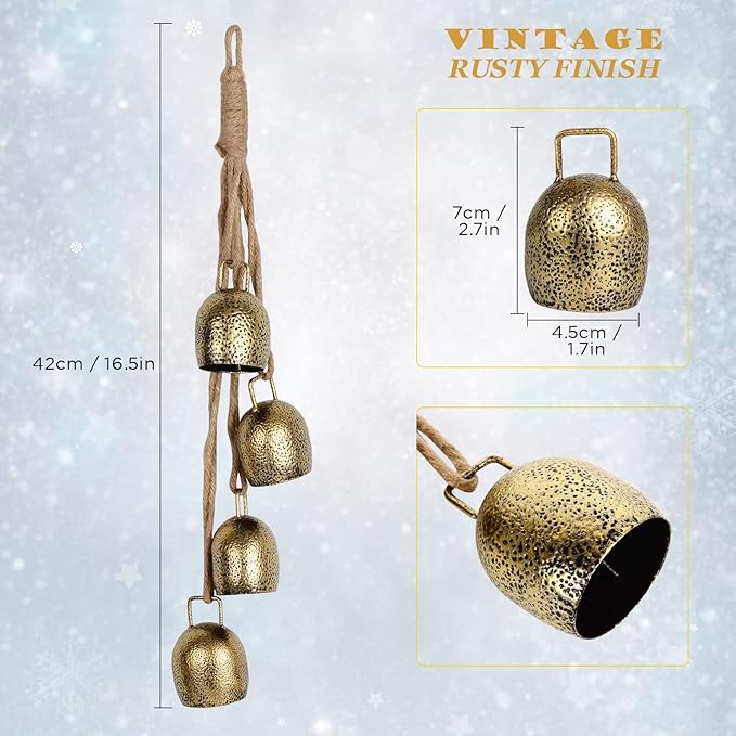 Styleonme Decorative Bells, Christmas Decor, Huangma Hanging Rope Metal Decorative Bull Bells, 4 * 2 Piece Set of Harmonious Bells, Vintage Handmade Rustic Lucky Christmas Bells