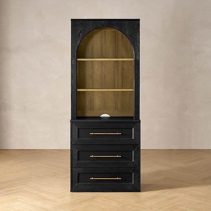 mopio Blake Storage Accent Cabinet with Hutch, Sideboard Buffet Cabinet with Storage, Kitchen Pantry Organizer, Coffee Bar Station, Trophy Display Case with Door & Shelf for Living Room (Black Oak Dresser)