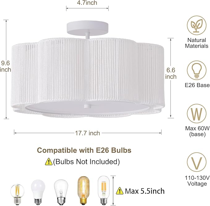 17.7" Rattan Flush Mount Ceiling Light, 3-Light Boho Close to Ceiling Light Fixtures, Rattan Bedroom Ceiling Light, Farmhouse Large Drum Chandelier for Dining Room, Kitchen, Hallway(White)