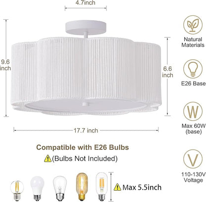 17.7" Rattan Flush Mount Ceiling Light, 3-Light Boho Close to Ceiling Light Fixtures, Rattan Bedroom Ceiling Light, Farmhouse Large Drum Chandelier for Dining Room, Kitchen, Hallway(White)