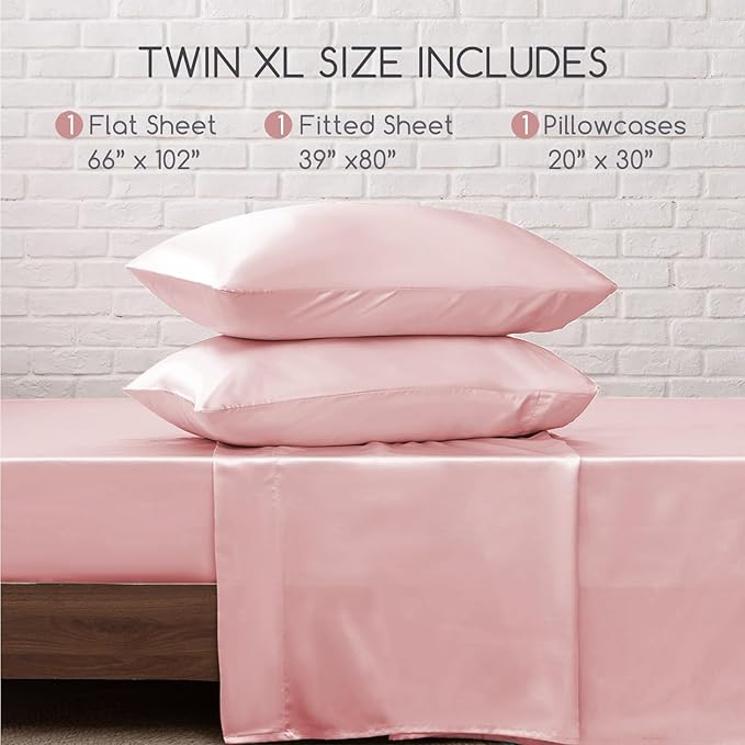 MR&HM Satin Bed Sheets, Twin XL Size Sheets Set, 3 Pcs Silky Bedding Set with 15 Inches Deep Pocket for Mattress (Twin XL, Light Pink)