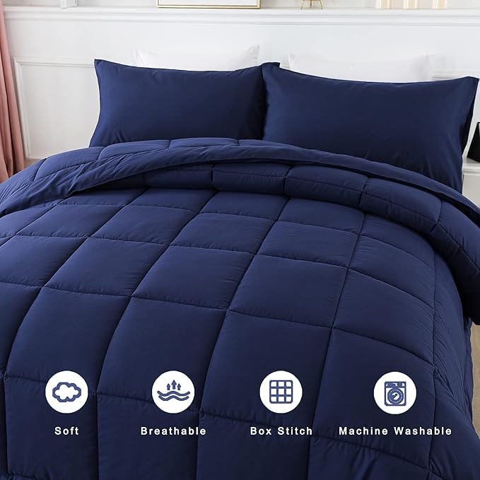DOWNCOOL Blue Full Size Comforter Set - All Season Bedding with 2 Pillowcases - 3 Pieces - Down Alternative Comforter Set
