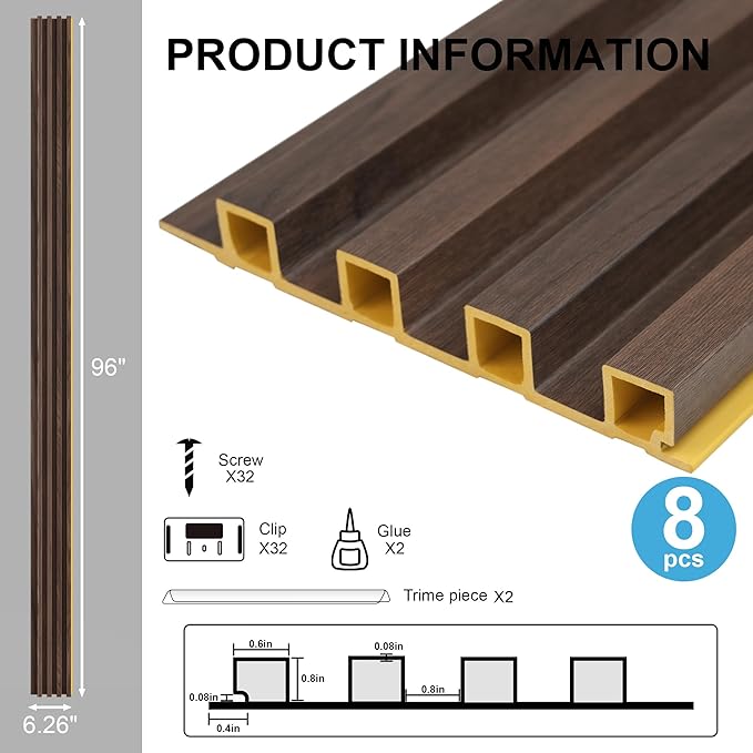 8-Pack WPC Wood Panels for Wall - 96 x 6.6 Inch 3D Acoustic Wall Panels, Water-Proof and Easy Installation, Accent Slat Wall Paneling for Living Room, Office, Walnut