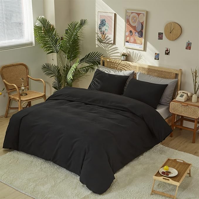 Pureant Black Comforter Twin Black Bedding Set Pure Black Twin Comforter for Women Men Soft Breathable Dark Color Comforter Set 3 Pieces Lightweight Black Comforter Set Twin Size All Black Bed