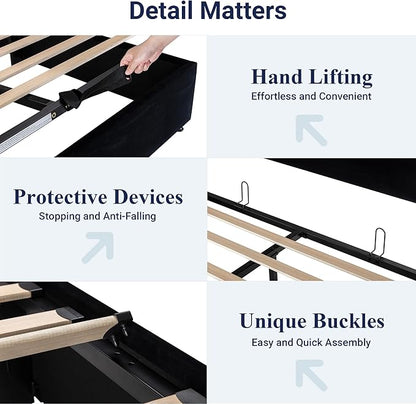 Allewie Queen Size Velvet Lift Up Storage Bed, Modern Wingback Headboard, Hydraulic Support, No Box Spring Needed, Black