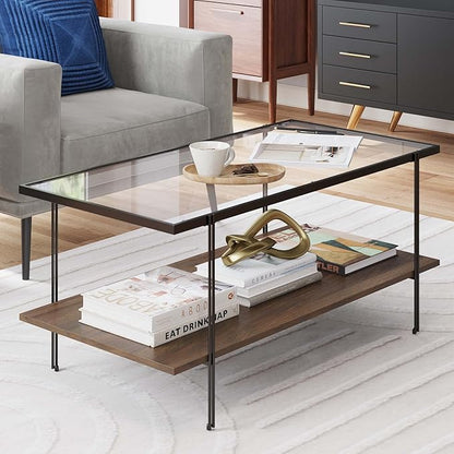 Nathan James Asher Mid-Century Rectangle Coffee Table Glass Top and Wood Finish Storage Shelf with Metal Legs, Walnut/Black