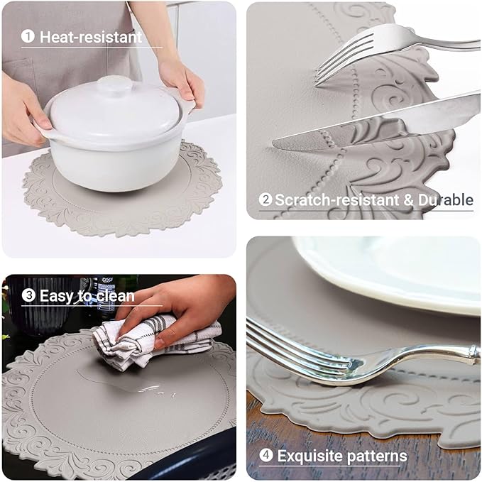 Noctiflorous Round Faux Leather 15 Inch Placemats Set of 4 Waterproof Wipeable Heat Resistant Tablemat for Dining Table Kitchen Non Slip Oilproof Table Place Mat for Indoor Outdoor(Grey, 4)