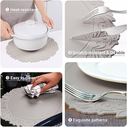 Noctiflorous Round Faux Leather 15 Inch Placemats Set of 4 Waterproof Wipeable Heat Resistant Tablemat for Dining Table Kitchen Non Slip Oilproof Table Place Mat for Indoor Outdoor(Grey, 4)