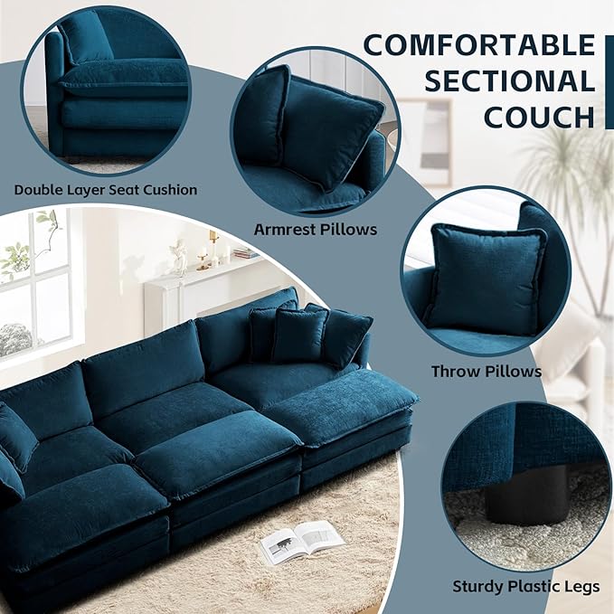 SoarFlash Chenille Sectional Sofa, Comfy Modular Coush Sofa with Ottoman, Modern 3 Seat Recliner Deep Seat Sofa Set for Living Room,Deep Blue