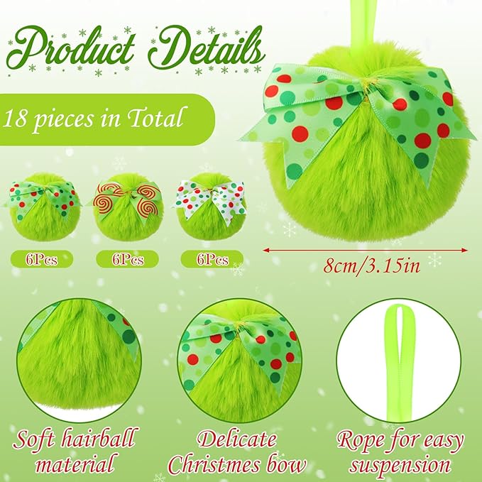 Liliful 18 Pcs Lime Green Furry Christmas Ball Ornaments3.15 Inch Bow Xmas Furry Ornaments Hanging Christmas Pom Pom Ball Decorations for Home Xmas Tree Party Supplies Wall Decor(Style 4,Multicolor)