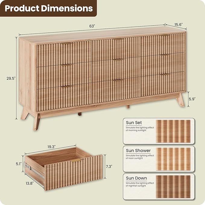 63'' Wide 9 Drawers Dressers for Bedroom, Modern Fluted Chest with Arc Corners, Large Wooden Dresser TV Stand, Wood Closet Clothes Storage Organizer for Living Room, Natural Wood