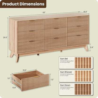 63'' Wide 9 Drawers Dressers for Bedroom, Modern Fluted Chest with Arc Corners, Large Wooden Dresser TV Stand, Wood Closet Clothes Storage Organizer for Living Room, Natural Wood