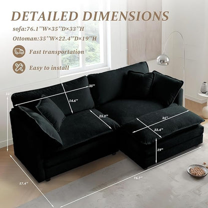 SoarFlash Chenille Sectional Sofa, Comfy L Shaped Modular Coush Sofa with Ottoman, Modern 2 Seat Couch Deep Seat Sofa Set for Living Room,Black