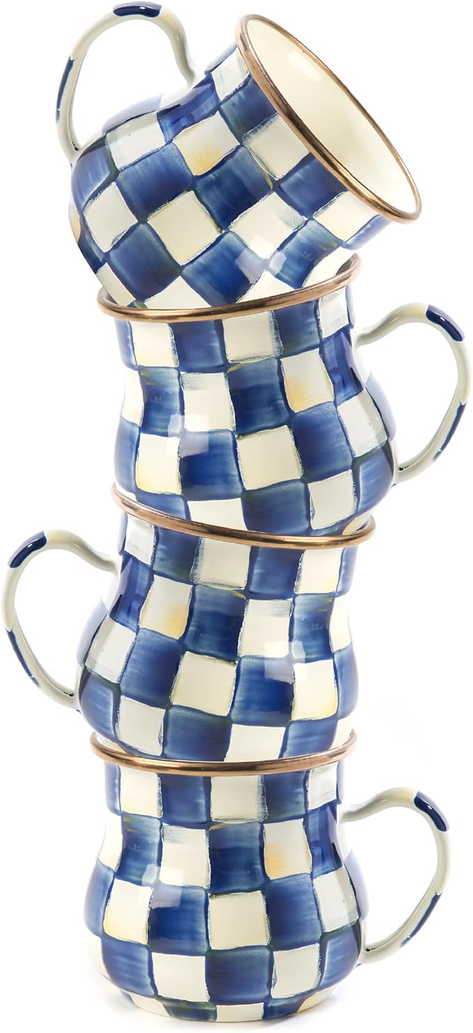 MACKENZIE-CHILDS Enamel Mug, Cute Enamelware Coffee and Tea Mug, Unique Drinkware, 16 Ounces, Blue-and-White Royal Check, Set of 4