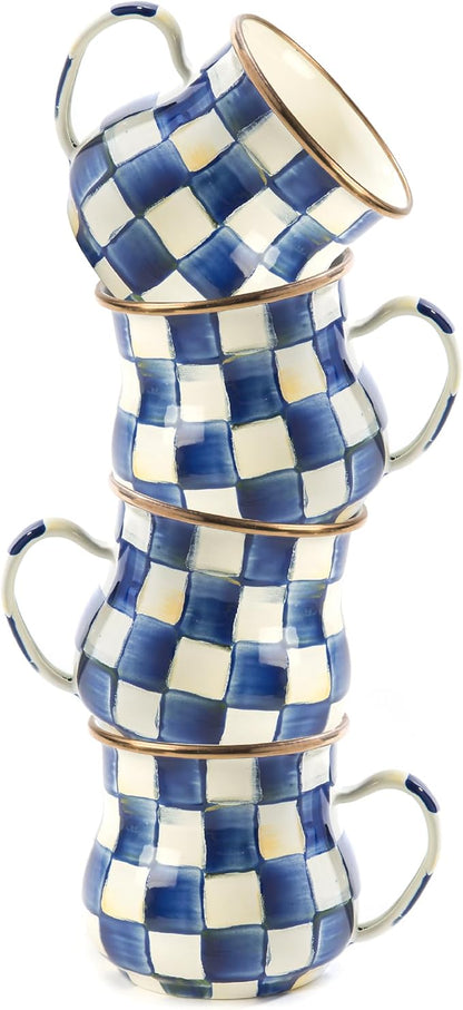 MACKENZIE-CHILDS Enamel Mug, Cute Enamelware Coffee and Tea Mug, Unique Drinkware, 16 Ounces, Blue-and-White Royal Check, Set of 4