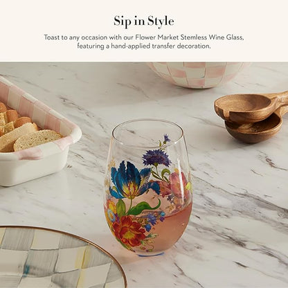 MACKENZIE-CHILDS Stemless Wine Glasses, Decorative Wine Glasses, 16 Ounces, Set of 4, Flower Market