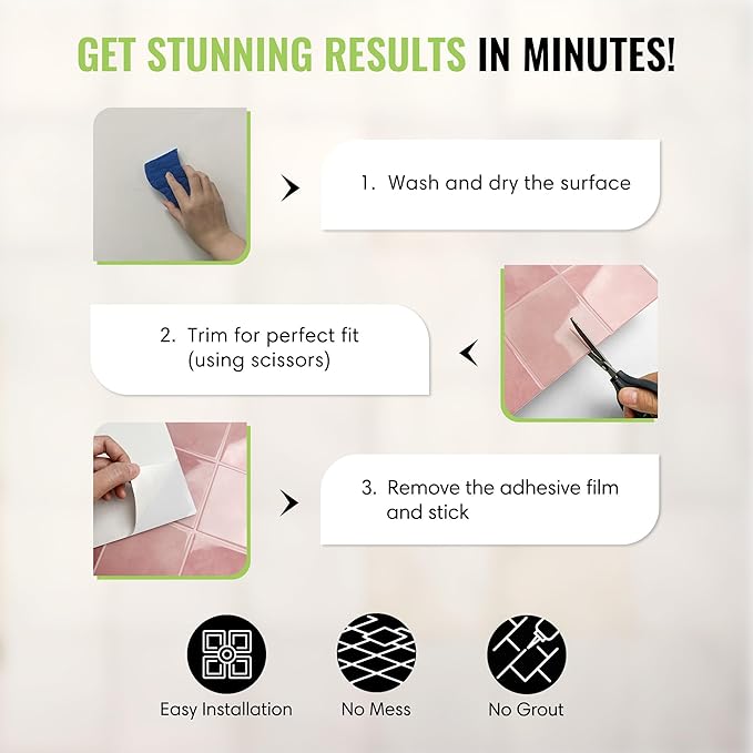 5 Pack Peel and Stick Backsplash Square Tiles, Extra Thick 3D Wall Panels, Heat & Water Resistant, Easy DIY Kitchen, Bathroom, Laundry, Fireplace & Rental Home Wall Décor (12 x 12 in), Pink