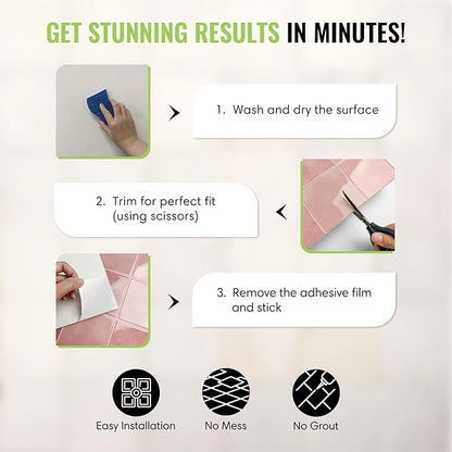 5 Pack Peel and Stick Backsplash Square Tiles, Extra Thick 3D Wall Panels, Heat & Water Resistant, Easy DIY Kitchen, Bathroom, Laundry, Fireplace & Rental Home Wall Décor (12 x 12 in), Pink