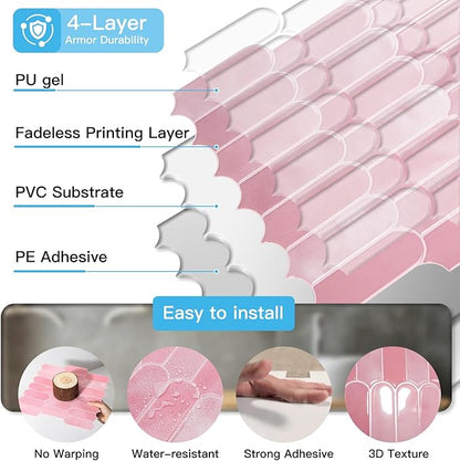 Art3d 12 x 12 Inch Heavy-Duty Peel and Stick Backsplash, Self-adhesive Wall Tiles for Kitchen Bathroom Decor, 10-Pack Pink