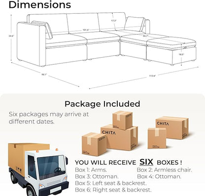 CHITA Oversized Modular Cloud Sectional Fabric Sofa Set, FSC Certified U Shaped Couch Reversible Chaise Modular Sectional Couch, 112 inch Width,5 Seat Modular Sofa Includes 2 Storage Ottomans, Grey