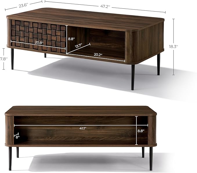 LuxenHome Coffee Table with Storage, 47" Mid Century Modern Wood Coffee Tables for Living Room, Dark Oak with Basket Weave Design 1-Sliding Door Wooden Center Table with Open Shelf