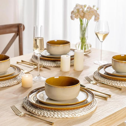LERATIO Ceramic Dinnerware Sets for 12, 36 Pieces Plates and Bowls Sets, Reactive Glaze Dishes -Scratch Resistant, Dishwasher&Microwave Safe&Oven Safe-Kahki