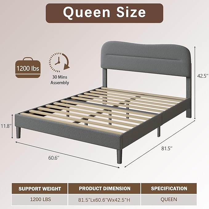 Queen Size Bed Frame with Headboard, upholstered Bed Frame Queen Size, Teddy Soft Boucle Fabric, Soft Cloud Marshmallow Shape Upholstered Headboard, No Box Spring Needed, Noise Free (Grey)