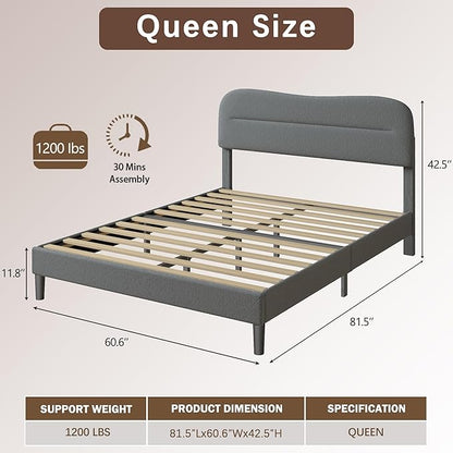 Queen Size Bed Frame with Headboard, upholstered Bed Frame Queen Size, Teddy Soft Boucle Fabric, Soft Cloud Marshmallow Shape Upholstered Headboard, No Box Spring Needed, Noise Free (Grey)