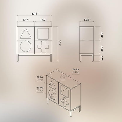 WERMO 37'' Showcase Display Cabinet with Geometric Cut-Out Doors - Modern Curio Cabinet for Dining Room, Living Room, Entryway. Trophy Case, Collectible Display Case Wood with Door & Storage Consoles (Walnut)