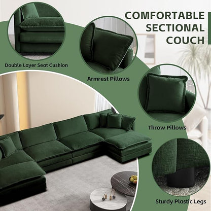 SoarFlash Chenille Sectional Sofa, Comfy L/U Shaped Modular Coush Sofa with Ottoman, Modern 4 Seat Couch Deep Seat Sofa Set for Living Room,Green