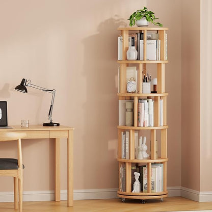 Solid Wood Rotating Bookshelf on Wheels, 5 Tier, Round Revolving Bookcase, 360° Spinning Book Shelf Tower for Kids, Narrow Rolling Bookshelves for Small Space, Corner, Bedroom, Office, Natural