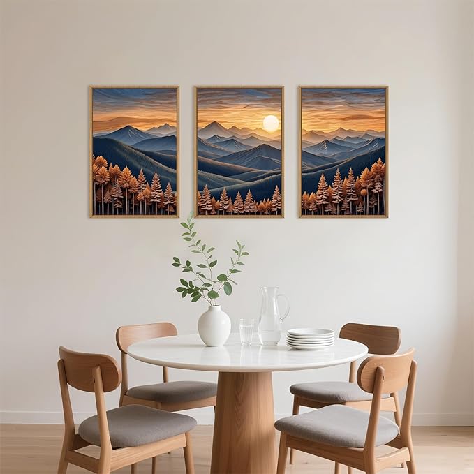 HOURIA Large Woodland Mountain Sunset Framed Canvas Wall Art Set,Wilderness Wooden Forest Landscape Wall Decor,Nature Botanical Artwork,Boho Pine Tree Art Print for Living Room,Bedroom-24 x36 x3