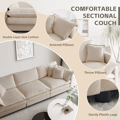 SoarFlash Chenille Sectional Sofa, Comfy Modular Loveseat Sofa, Modern 3-Seat Couch Deep Seat Sofa Set for Living Room,Light Coffee