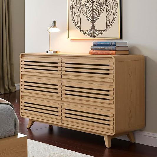 Fluted Dresser for Bedroom, Wide 6 Drawers Dresser, Chests of Drawers with Grille & Curved Design, Dressers Slides Pre-Installed, Large Wood Drawer Organizer for Bedroom Hallway, Natural Oak