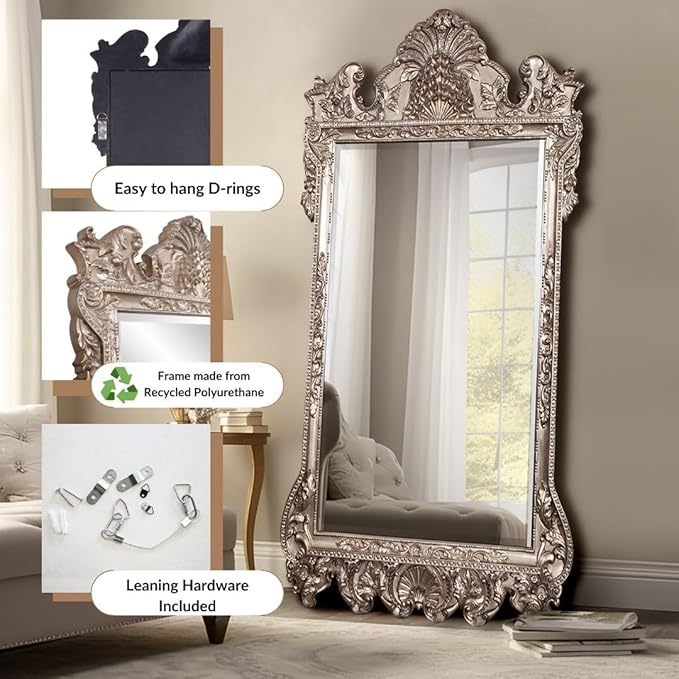 Howard Elliott Marquette Antique Oversized Full Length Mirror, Ornate Full Body Standing Floor Mirror, Large Leaning Wall Mirror for Bedroom & Living Room, Silver Leaf, 49" x 84" x 3" Inch