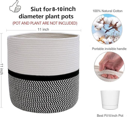 Cotton Rope Plant Basket Modern Woven Basket for 10" Flower Pot Floor Indoor Planters,Storage Organizer Toys Rustic Home Decor,Beige 11"x 11"