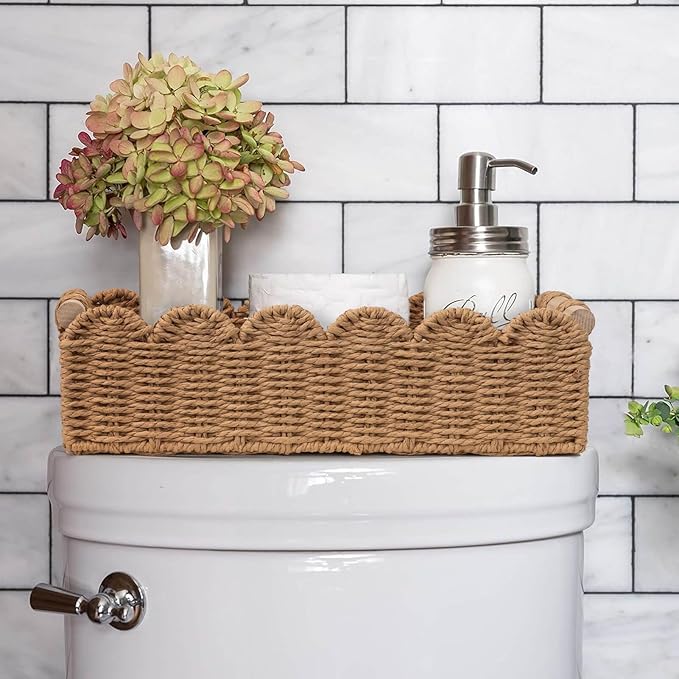 CubesLand Paper Rope Scalloped Edge Toilet Paper Storage Basket, Small Living Room, Bedroom Decor Baskets for Over Toilet Storage Shelf, Shelves and More, with 2 Wooden Handle, Neutral