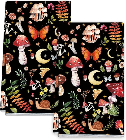 Mushroom Kitchen Towels Set of 2 Absorbent Tea Towels 24x16 Cooking Baking Home Decoration Tabletop Decor