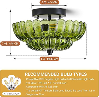 Modern Mid Century Black Semi Flush Mount Ceiling Light Fixture,3 Lights Green Glass Close To Ceiling Lighting Fixtures For Bedroom Hallway Kitchen Foyer Bathroom Closet Laundry Room 11.8 inch