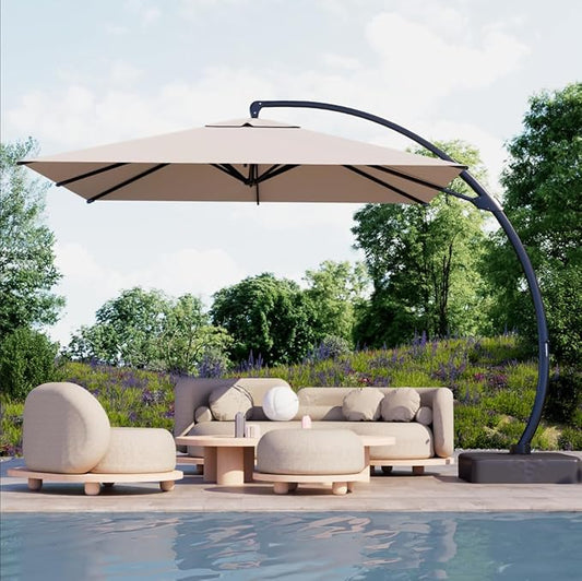 Kingdura 10x10 FT Cantilever Patio Umbrella with Base Included, Large Square Offset Outdoor Pool Umbrella, 360° Rotation & Infinite Tilt, Heavy Duty Aluminum Frame for Deck Backyard, Beige