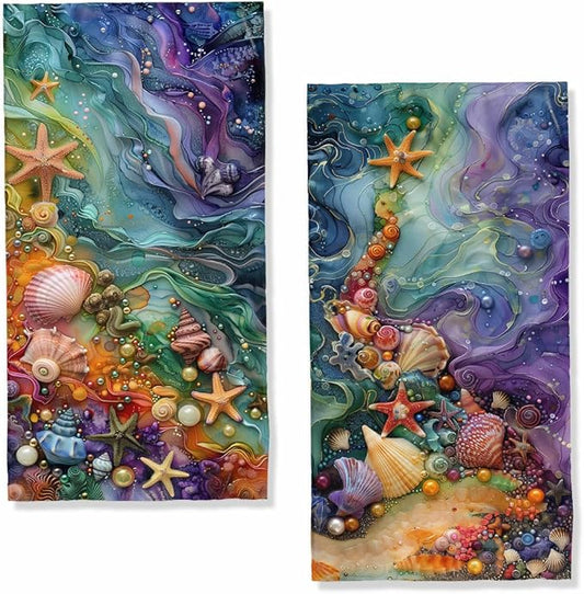 Colorful Beach Kitchen Towels Set of 2 Seashells Starfish Ocean Waves Dish Towels Housewarming Holiday Tabletop Decor Beach