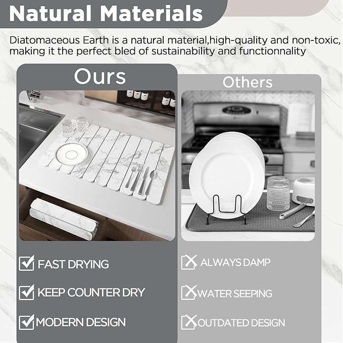 Stone Drying Mat for Kitchen Counter, White Fish Belly Stone Dish Drying Mat - Diatomite Water Absorbing Drying Stone for Kitchen Counter Mat, Quick Dry Stone Mat Kitchen for Cups Dishes Bottles.